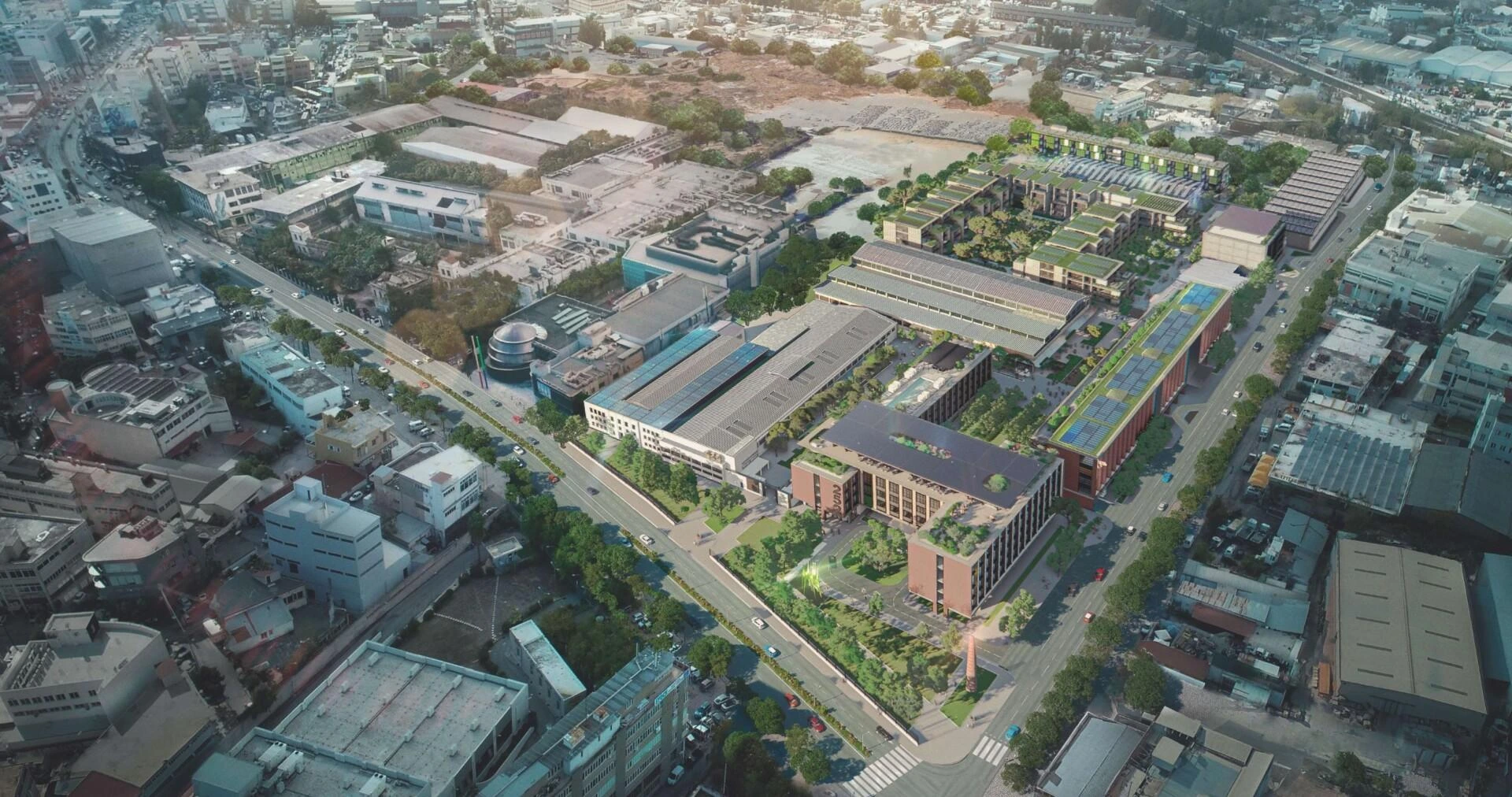 Aerial view of an industrial hub with warehouses, rail and heavy infrastructure, illustrating brownfield industrial redevelopment