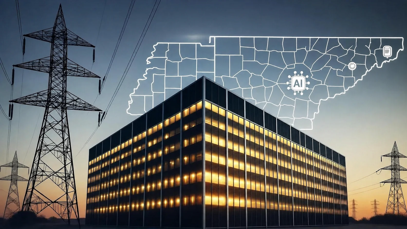 Data center building lit gold at dusk beside high-voltage transmission towers, with a glowing outline of Tennessee and an AI chip icon overhead — illustrating the power-driven data center buildout in the TVA region.